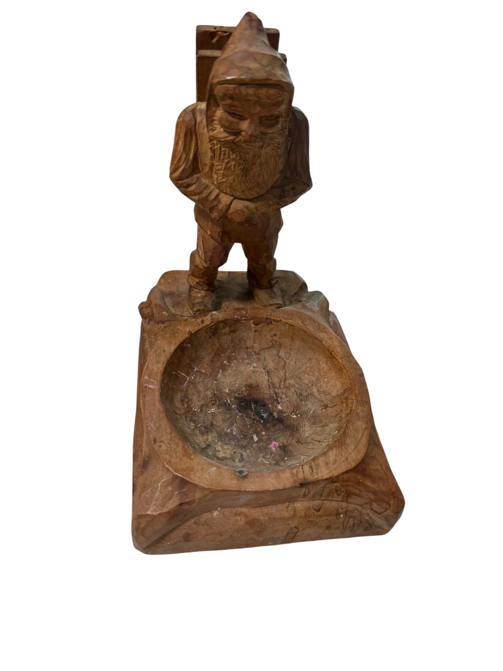 Vintage Hand Carved‎ Wood Gnome Ashtray Folk Art Bearded Figurine Trinket Dish